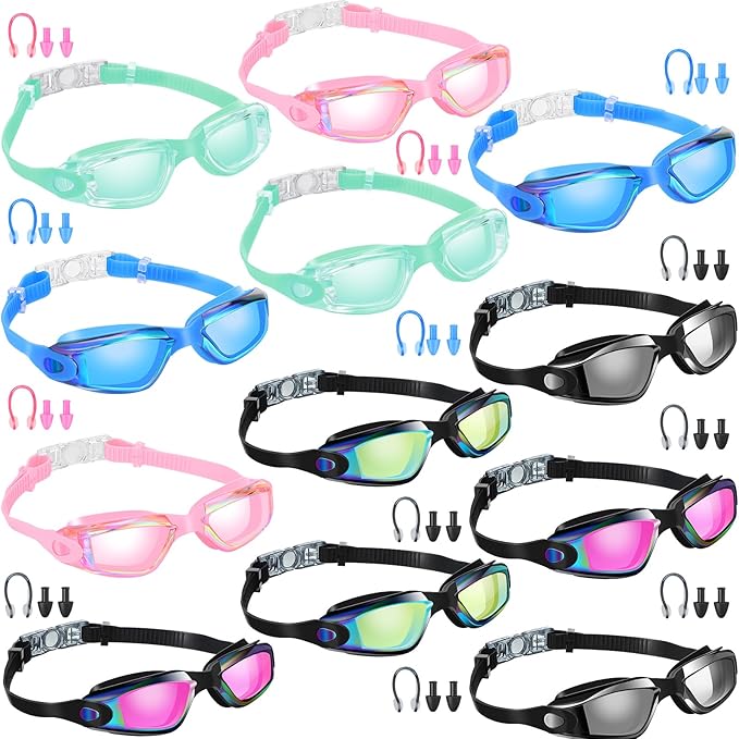 Flutesan 12 Pack Swim Goggles for Adult Kids Anti Fog Swimming Glasses with 12 Ear Plugs Nose Clip No Leaking Full Protection