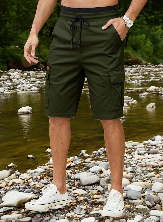 JMIERR Mens Casual Twill Cargo Shorts Cotton Drawstring Classic Cargo Stretch Short with 6 Pockets