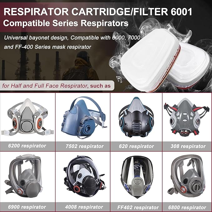 6001 Filter Cartridges for Respirator, Respirator Cartridges & Filters, Pollen, Paint and Chemical, Filter Compatible with 6200, 6800, 7502 Series Respirator(1 Set)