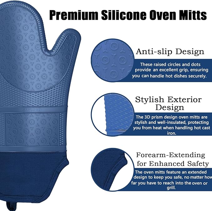 Oven Mitts with Heat-Resistant Hot Pads and Five Silicone Spatulas Designed for Kitchen Baking Cooking, Oven Glove Soft Cotton Lining, Waterproof, BPA-Free (Dark Blue, 15.7)