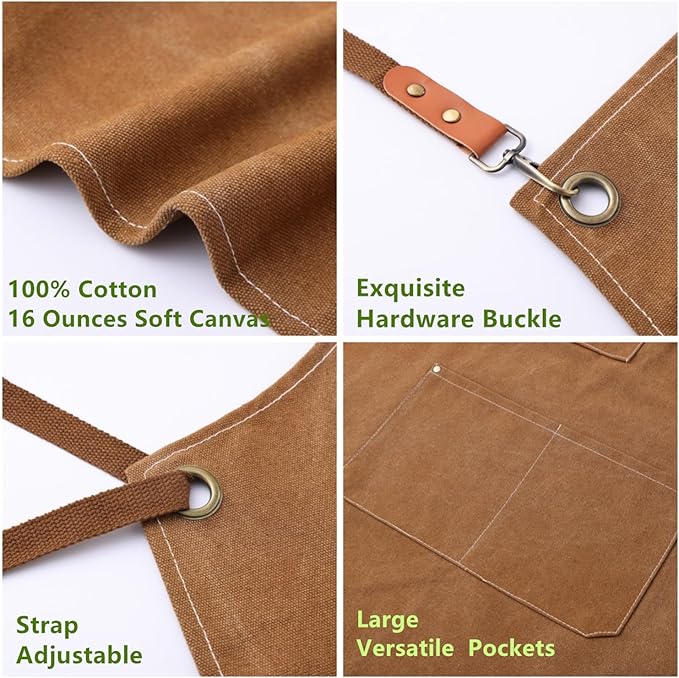 Chef Apron Medium-Thick Cotton Canvas,Cross Back with Multiple Pockets Adjustable Work Apron for Men and Women (Brown)