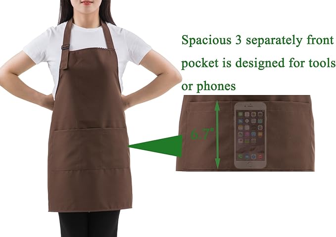 Brown Professional Resist Water Adjustable Extra Long Bib Apron 3 Pockets Home Kitchen Garden Restaurant Cafe Bar Pub Bakery for Cooking Chef Baker Servers Craft Unisex