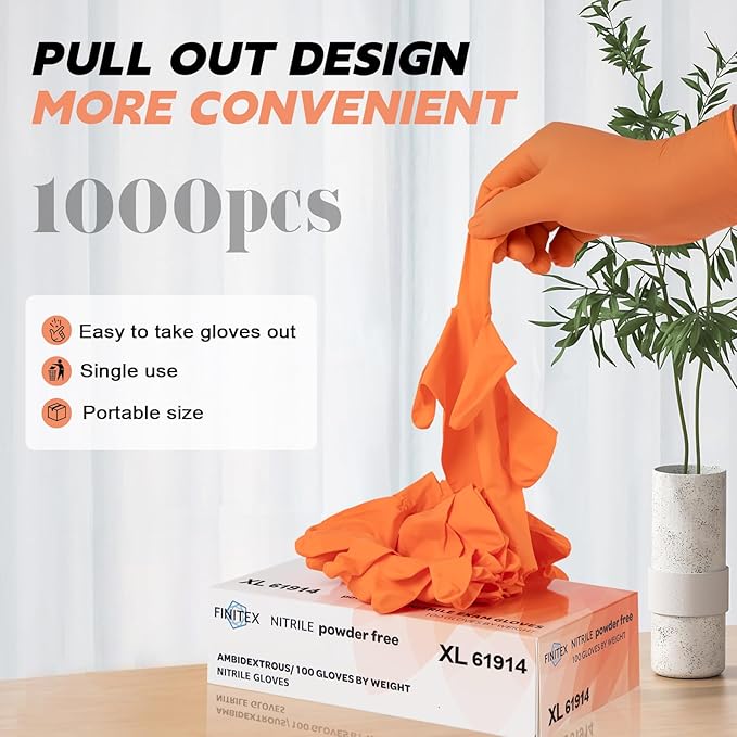 FINITEX Nitrile Disposable Gloves - Orange, 3.5mil, 1000PCS, Powder-Free, Cleaning, Medical, Food Gloves