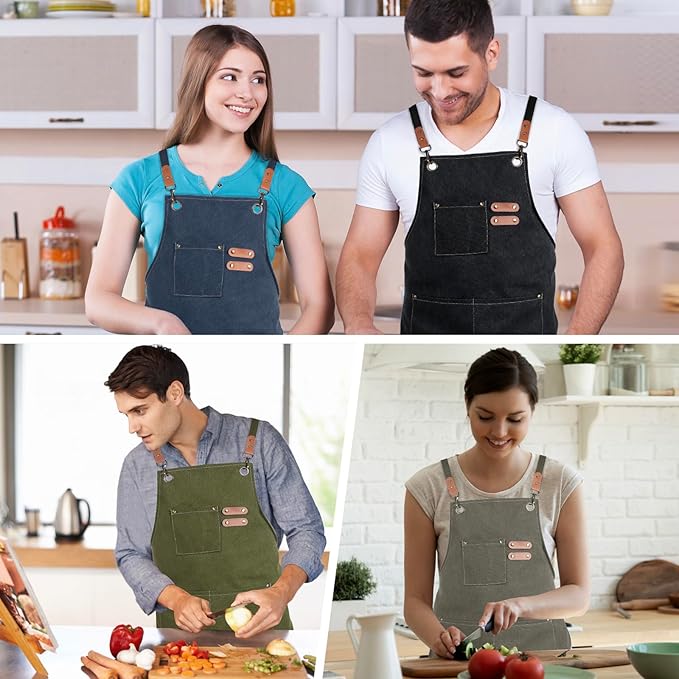 4PCS Chef Aprons - Waterdrop Resistant Cotton Canvas Cross Back Adjustable Aprons for Men and Women