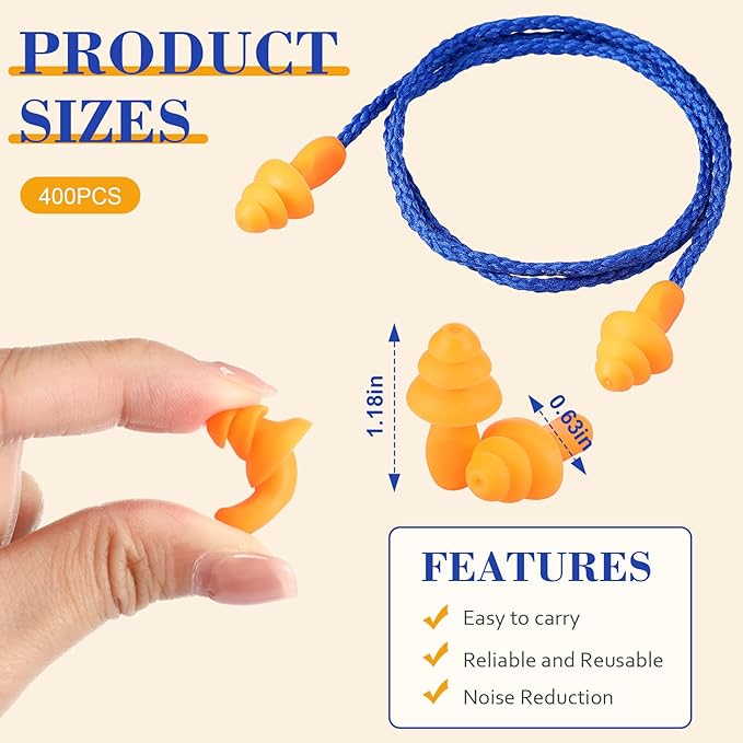 Treela 400 Pairs Corded Ear Plugs Reusable Silicone Earplugs with Rope Banded Ear Plug Sleep Noise Cancelling Shooting Motorcycle Construction Work Hearing Protection Individually Wrapped