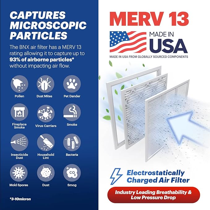 BNX TruFilter 20x25x1 Air Filter MERV 13 (6-Pack) - MADE IN USA - Electrostatic Pleated Air Conditioner HVAC AC Furnace Filters for Allergies, Pollen, Mold, Bacteria, Smoke, Allergen, MPR 1900 FPR 10