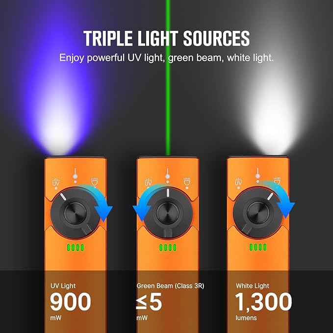 OLIGHT Arkfeld Pro Rechargeable EDC Flat Flashlight with Green Beam, UV and White LED Combo, 1300 Lumens Portable Pocket Lights, Triple Sources for Outdoors Emergency Working (Orange CW)