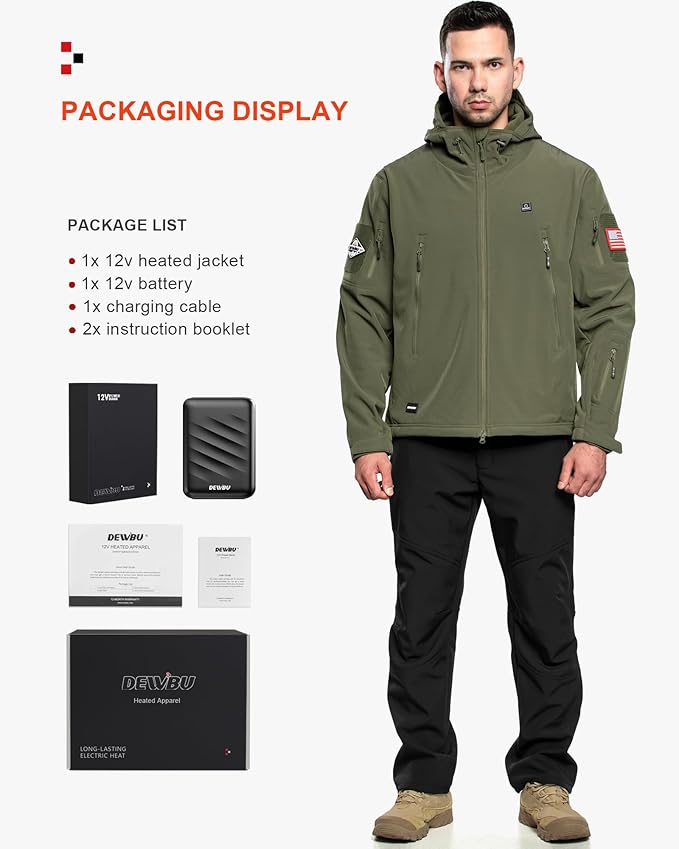 DEWBU Heated Jacket for Men with 12V Battery Pack Winter Outdoor Soft Shell Electric Heating Coat