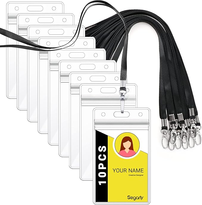 Segarty Lanyards with ID Holder, 10 Pack Vertical Clear Plastic Badge Name Tags Key Card Holders, Black Strap Clips Waterproof Ziplock Nametag Protector for Women, Business, Student, School, Office