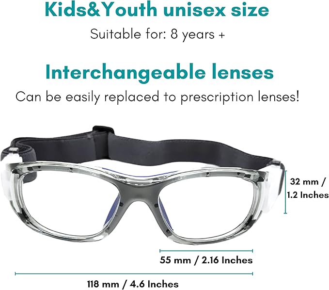 BLUE CUT Safety Basketball Goggles For Kids for Outdoor Sports Activities Anti Fog Replaceable to Prescription Lenses