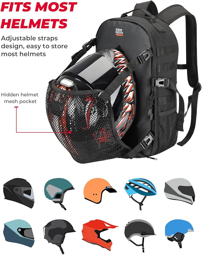 KEMIMOTO Motorcycle Helmet Backpack, 20L Bag With Hidden Net, Large Capacity Holder