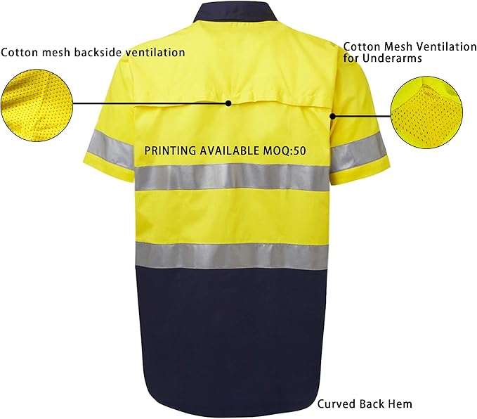 LANTERN FISH High Visibility Shirts Reflective Work Safety Hi Vis Button Up Shirts for Men Cotton Class 3