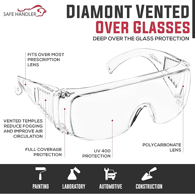 BISON LIFE Diamont Vented Over Glasses Safety Glasses | Meets ANSI Z87.1, Impact Resistant Polycarbonate Lens