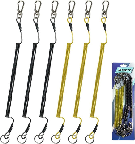 6 pcs Fishing Coiled Lanyards, Heavy-duty Retractable Keychain Pole Tether, Safety Leash Steel Wire & Carabiner Clip