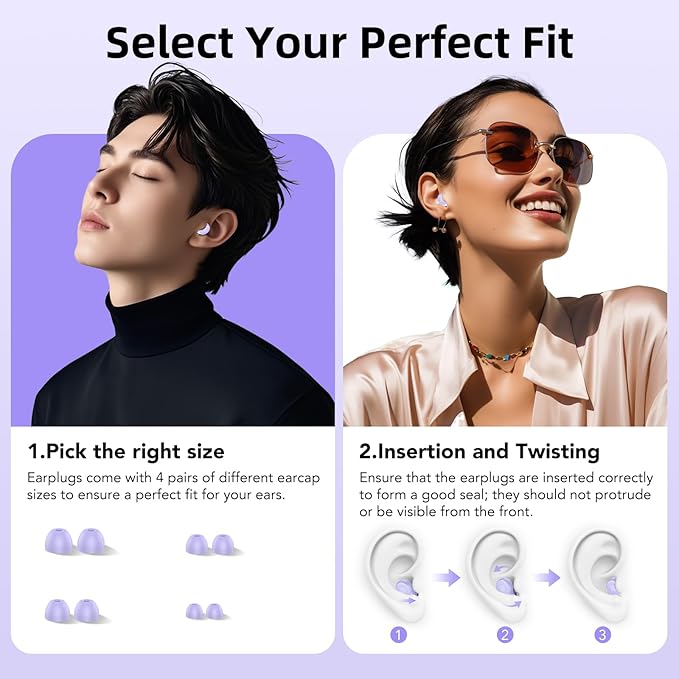 Ear Plugs for Sleeping Noise Cancelling, 45dB for Noise Reduction, Noise-Reducing Earplugs for Sleeping, Concerts, Shooting, Travel, Work, Silicone Hearing Protection Earplugs with Case, Purple