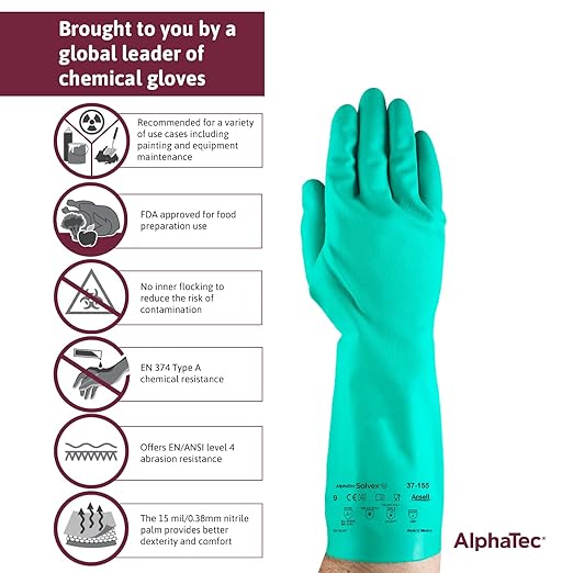 Ansell Alphatec Solvex 37-155 Nitrile Industrial Unflocked Chemical-Resistant Gloves for Food, Mechanics, Utilities - XL, Green (144 Pairs)