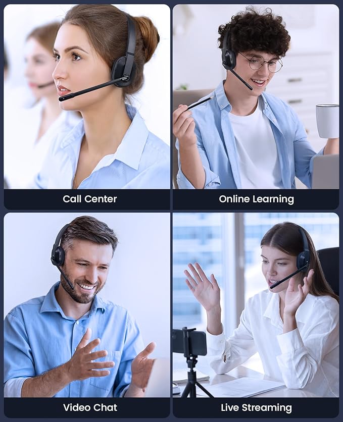 EKSA H5SE Bluetooth Headset, Wireless Headset with Microphone ENC Noise Cancellation [45hrs Playtime & 33ft Range], Wireless Business Headphones for Office/HomeOffice/Remote Work/Call Center