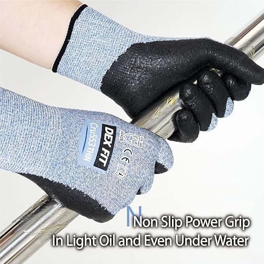 DEX FIT A5 Precision Cut Resistant Gloves Cru553 Thin - 1 Pair, Firm Grip, 3D-Comfort Fit, Lightweight & Durable, Nitrile Anti-Slip Palms,Touchscreen Compatible for Precision Assembly; Blue XL (10)