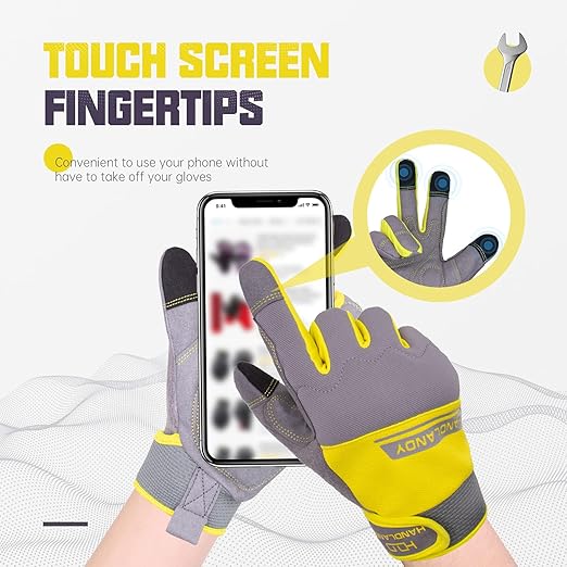 HANDLANDY Work Gloves Mens & Women, Utility Safety Mechanic Working Gloves Touch Screen, Flexible Breathable Yard Work Gloves (XS, Grey&Yellow)
