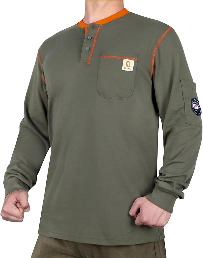 BOCOMAL FR Shirts for Men CAT2 5.5oz Long Sleeve Henley Workwear Flame Resistant Fire Retardant Shirt