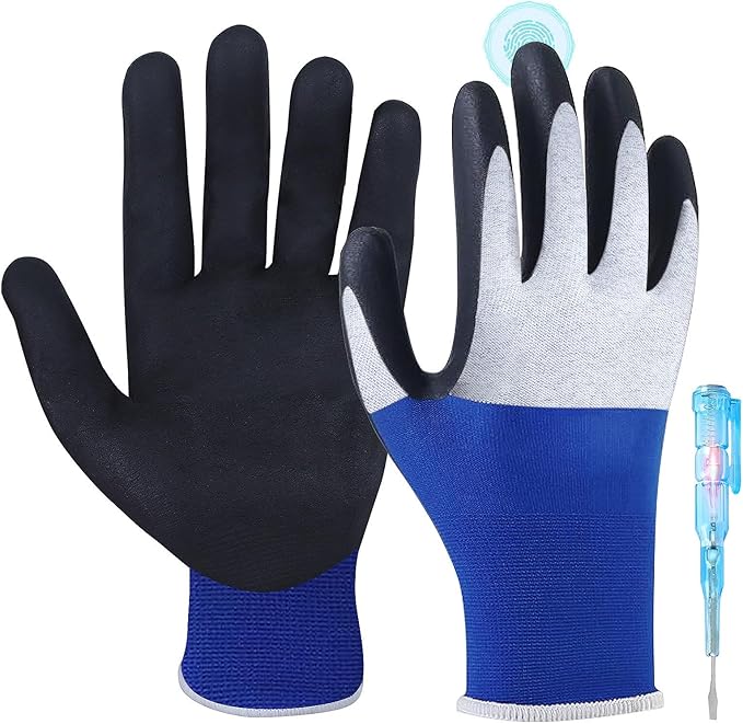 Xin Tester Electrical Insulated Gloves 500V, Electrician Work Gloves Rubber Low Voltage Resistance Non-Slip Texture Electrician Tool, Finger Tips Touch Smart Device Screen(Blue)