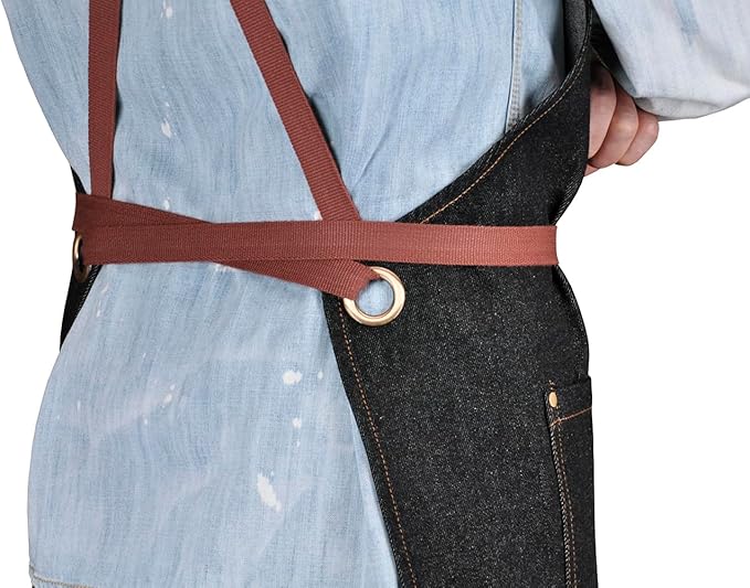 Professional Black Denim Apron with Pockets for Cooking Chef Kitchen Grill BBQ Hairstylist Painting, Mens Womens Apron with Leather Cross Back Straps
