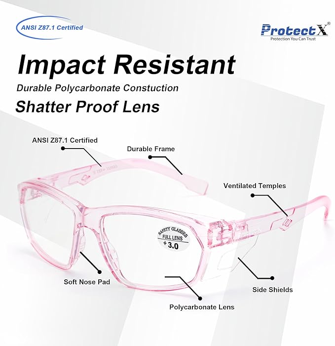 ProtectX Stylish Anti-Fog & Scratch-Resistant Safety Glasses With Readers, UV Protection Goggles, Anti-Impact Lightweight Glasses for Men＆Women Pink Reading 3.0-2 Pack