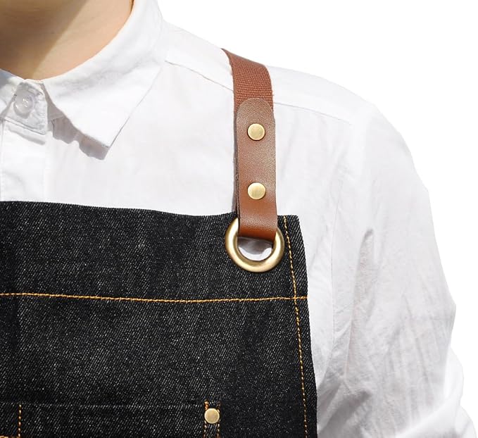 Black Denim Apron with Pockets for Women Men, for Chef Kitchen Cooking Hairstylist BBQ Grill Painting, Leather Cross Back Straps & Adjustable S to XXL