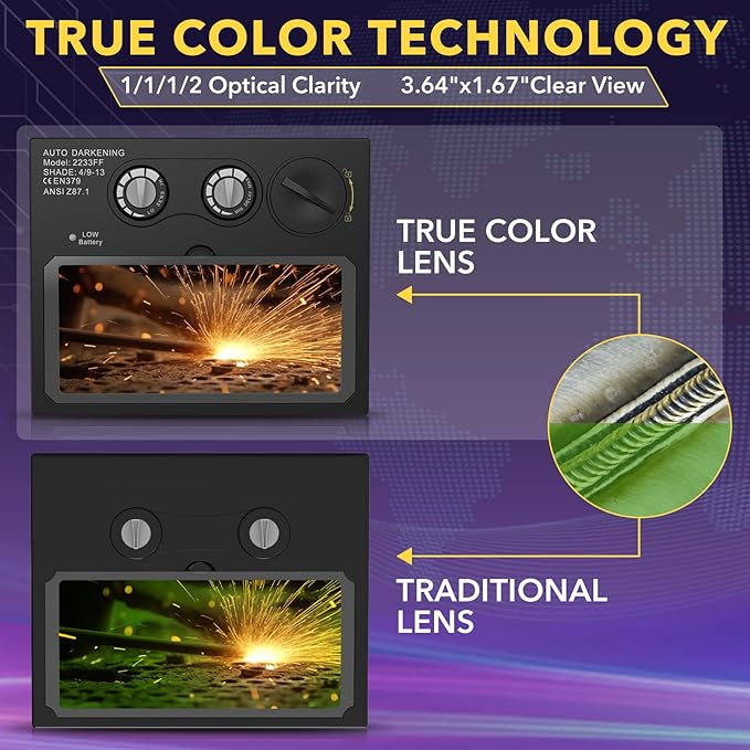 HD Auto Darkening Welding Lens 4.33"x3.54" Solar True Color Filter with 2 Arc Sensor Adjustable Shade Range 4/9-13 Replacement Welding Helmet Accessories for TRQWH Welding Hood