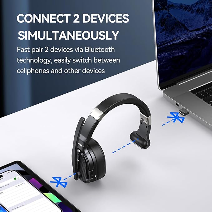 TECKNET Bluetooth Trucker Headset, Single Ear Wireless Headset with Mic for Work Noise Cancelling, 70Hrs Trucker Bluetooth Headphones for PC, Drivers, Office, Call Center Work
