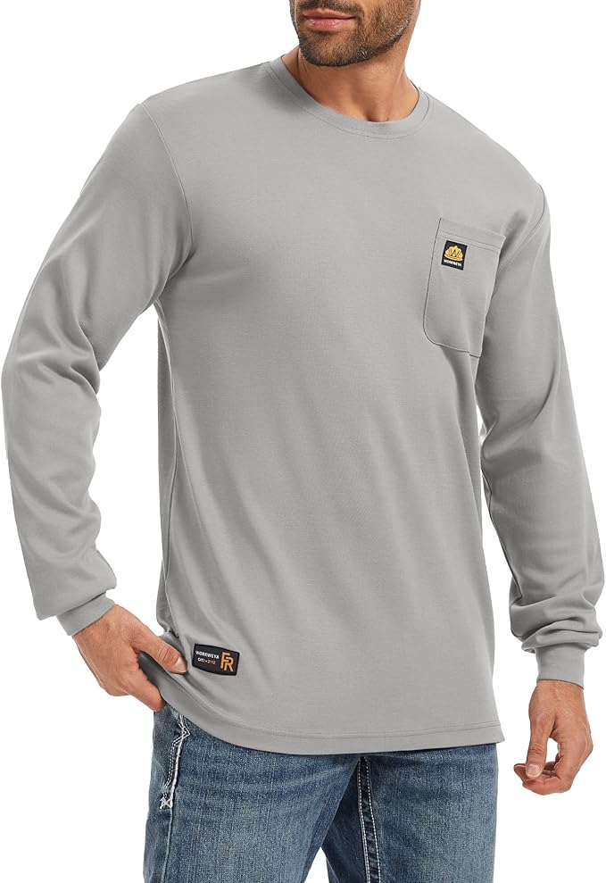 WORKWEYA Men's FR Shirts 6.5oz Lightweight Long Sleeve Flame Resistant T-Shirt NFPA 2112/CAT2