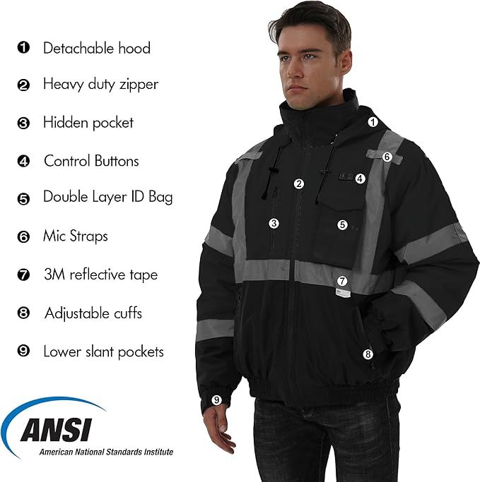 SKSAFETY Heated Safety Bomber Jacket, Class 3 Hi-Vis Waterproof Coat, 3M Reflective Tape, Work Construction Coats