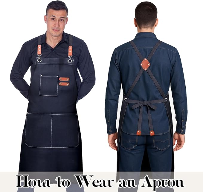 Chef Apron for Men Women with Pockets,Cross Back Cotton Canvas Plus Size Apron for Cooking BBQ Baking Gardening