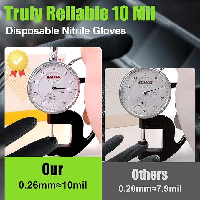 TREEGO Black Nitrile Gloves 10 Mil Heavy Duty Disposable Latex Free – Diamond Grip for Industrial, Construction, Mechanic