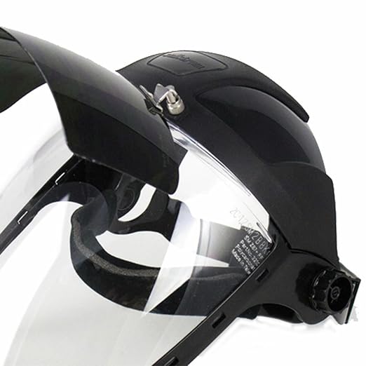 Sellstrom DP4 Face Shield - Lightweight Mask with High Impact Crown & Ratchet Headgear for Work, Grinding, Plasma/Flame Cutting - ANSI Z87.1 - Clear Anti Fog Polycarbonate Window - UV/IR Flip Up Visor
