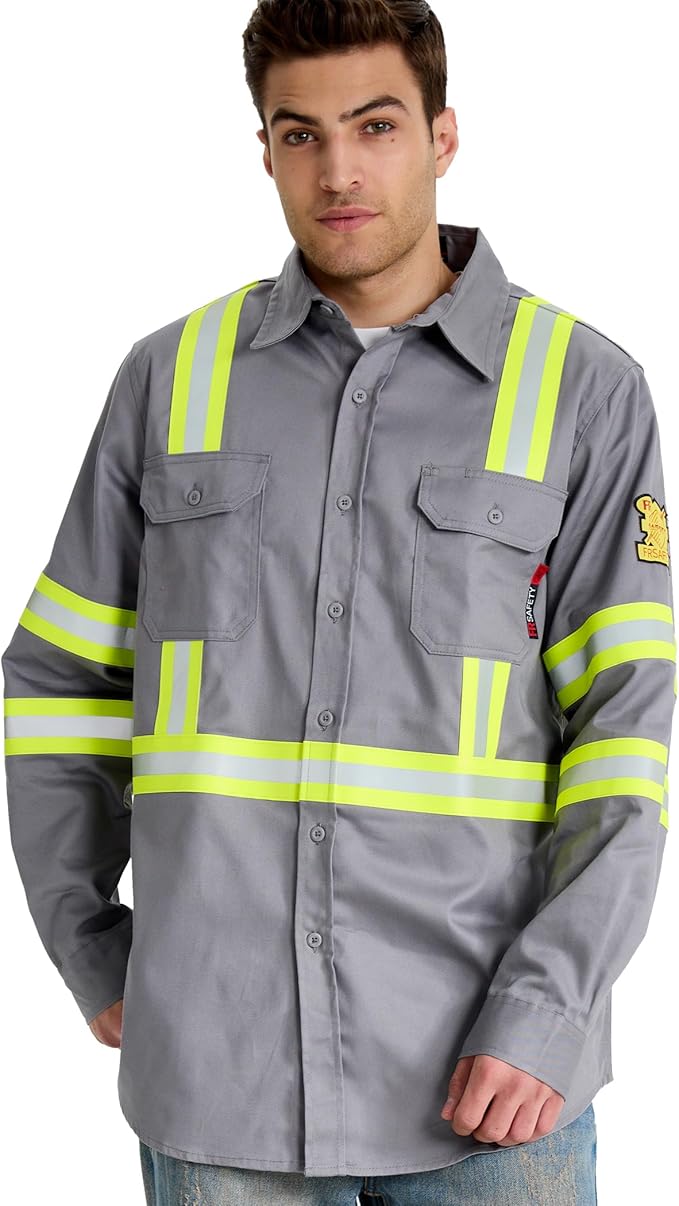 SRsafety Hi Vis FR Work Shirts,7.0oz Long Sleeve Flame Resistant Shirts for Men,100% Cotton High Visibility Fire Shirt
