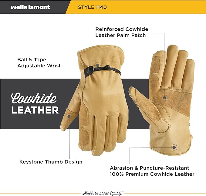 Wells Lamont Men's Work Gloves Full Leather Cowhide Reinforced Leather Palm Timber, XX-Large (1140XX)