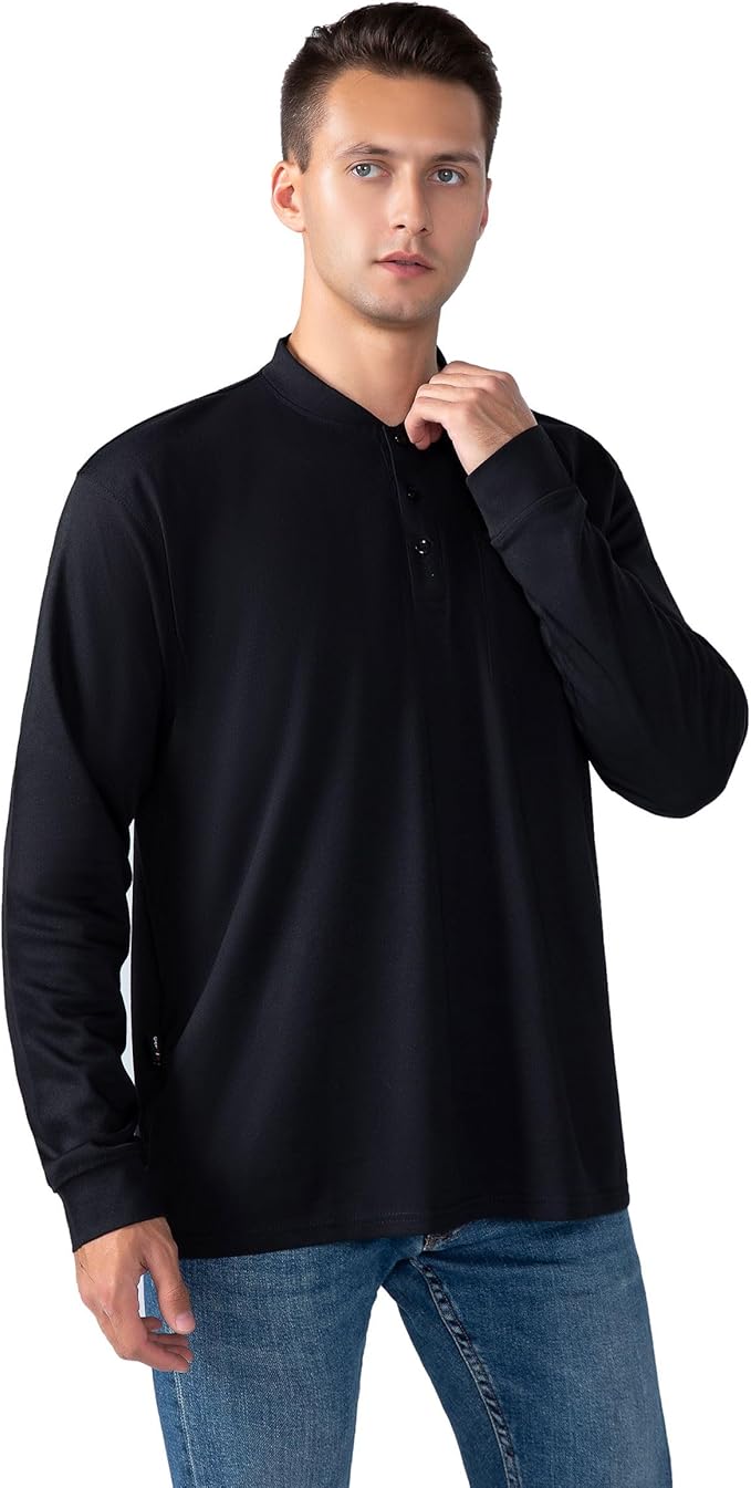 FR Henley Shirts for Men Flame Resistant Lightweight Welding 6.5oz 100% Cotton CAT2 Long Sleeve Fire Retardant FRC Clothing