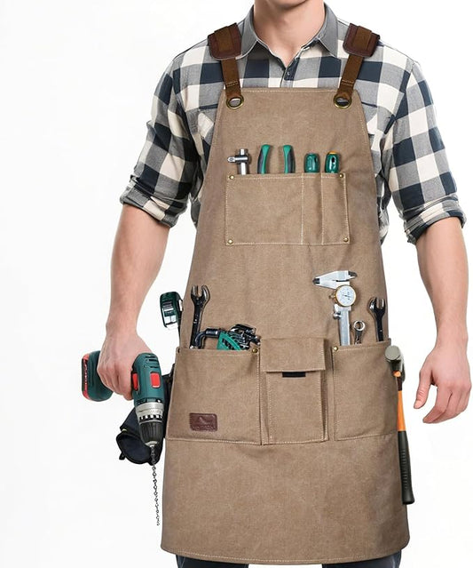 ARCFOX Woodworking Apron with 9 Pockets,Heavy Duty Canvas Apron for Man,Cross Back Apron for Woodworkers, Mechanics, Blacksmiths, DIY Hobbyists