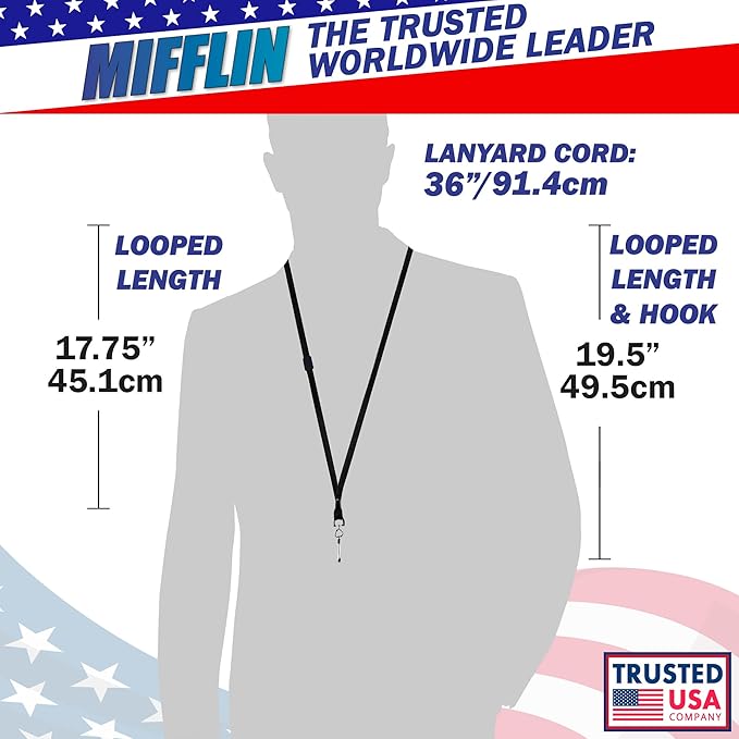 MIFFLIN-USA Flat Breakaway Safety Lanyard for ID Badges (Black, 36 Inch, 100 Pack), Soft Woven Neck Line