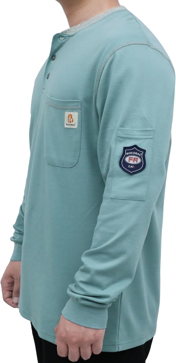 BOCOMAL FR Shirts for Men CAT2 5.5oz Long Sleeve Henley Workwear Flame Resistant Fire Retardant Shirt