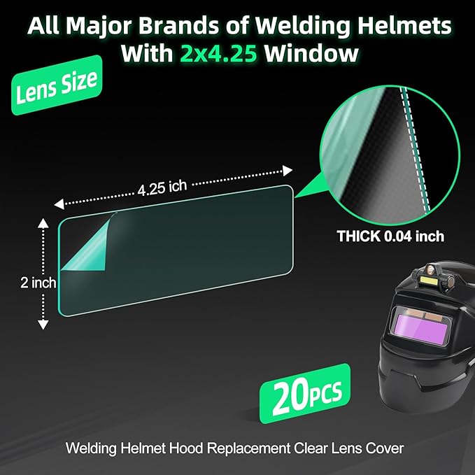 clear welding lens 2x4.25 - Premium 0.04" Thick lens -20 Pcs, for Standard Helmets 2x4 clear welding lens Replacement