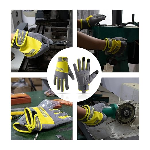 HANDLANDY Work Gloves Mens & Women, Utility Safety Mechanic Working Gloves Touch Screen, Flexible Breathable Yard Work Gloves (Medium, Grey&Yellow)