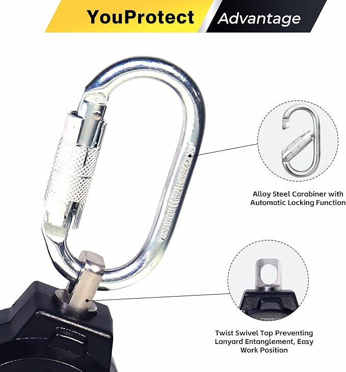 6FT Self Retracting Lifeline Fall Protection Retractable Lanyard, Fall Arrest Safety Yoyo for Construction Industrial - OSHA/ANSI Compliant (Large Hook)