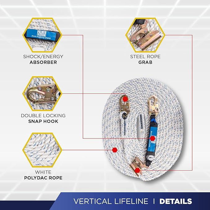 Palmer Safety Vertical Lifeline Assembly - 50FT Rope Harness Safety Lanyard with Rope Grab - Fall Protection Kit