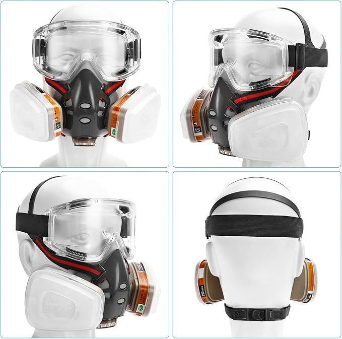 Respirator Mask with Filters, Reusable Half Face Cover Gas Mask with Safety Glasses Professional Breathing Protection Against Painting/Chemicals /Organic Vapors Perfect for Painters and DIY Project