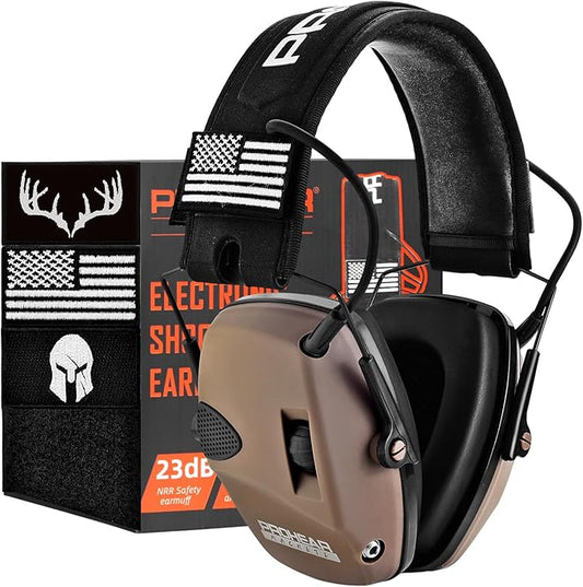 PROHEAR Electronic Ear Protection for Shooting with 4X Sound Amplification, Gun Range Hearing Protection Muffs, NRR 23dB Noise Reduction Headphones for Hunting, Brown
