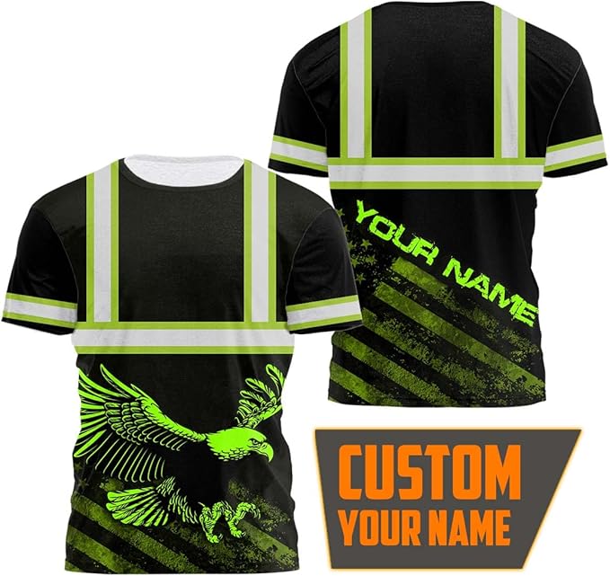 Matedecor Skull High Visibility Shirt Men Reflective Safety Shirts US Flag Custom Name Workwear, Runners, Walkers, Patriotic