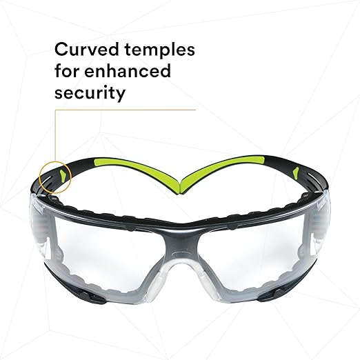 3M Safety Glasses for Men and Women, SecureFit 400, 1 Pair, Z87, Anti-Fog Anti-Scratch Clear Lens, Green/Black Frame, Polycarbonate, UV Protection, Flexible Temples, Removable Foam Gasket