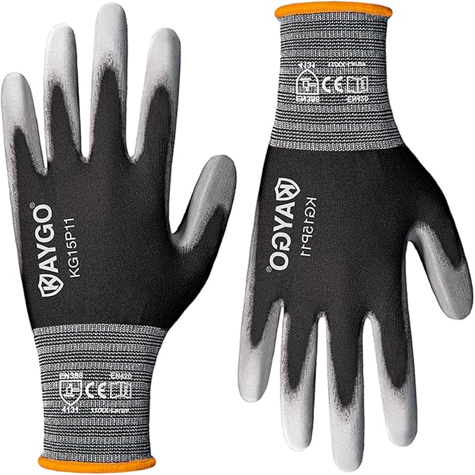 KAYGO Work Gloves PU Coated 12 Pairs, KG15P,Nylon Liner with Flexible Polyurethane Coating,Safety Work Gloves for DIY, Assembly, Warehouse, Light Duty Work (XX-Large, Black)